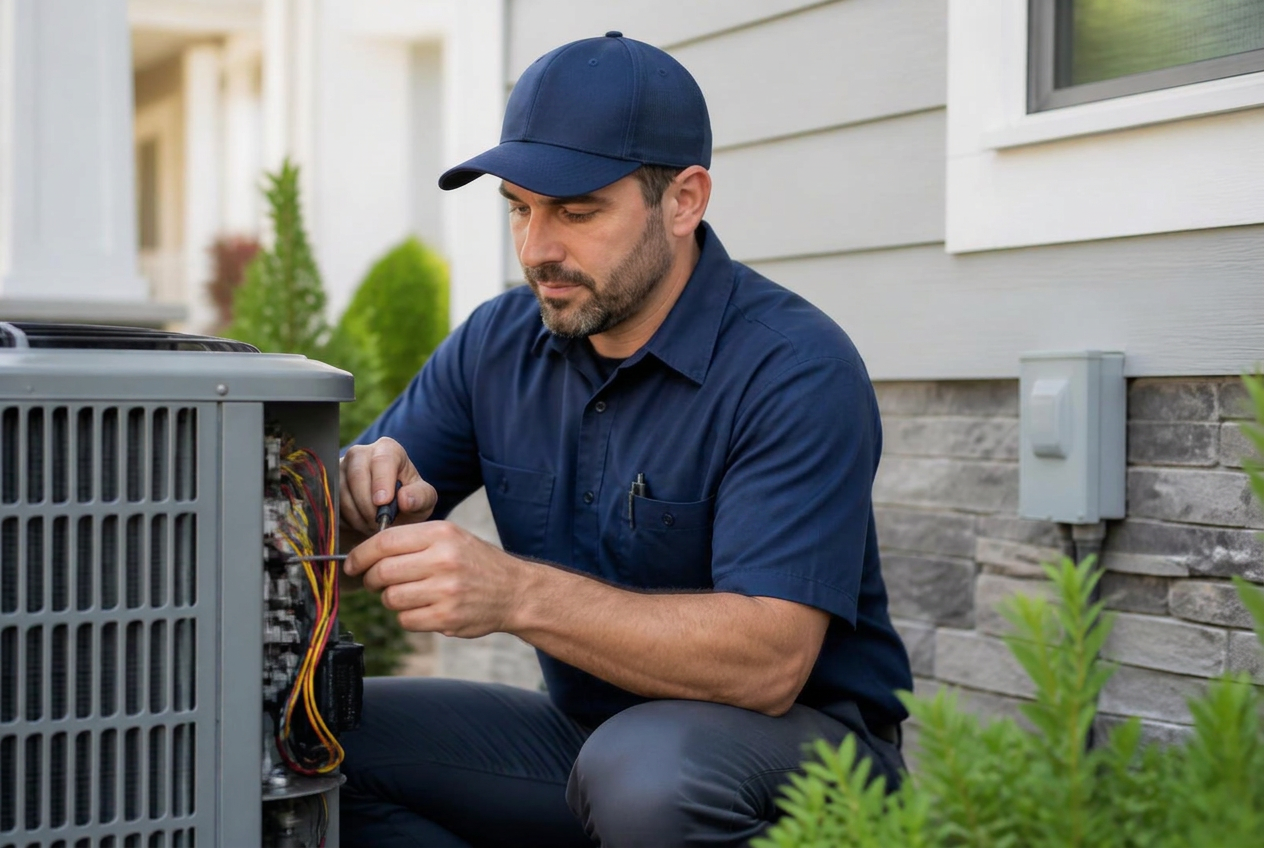 HIDROTECH technician servicing a residential air conditioning unit